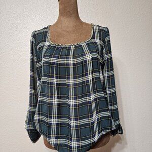 Plaid Sheer Blouse with Gold Trim – Mine Brand Size Small